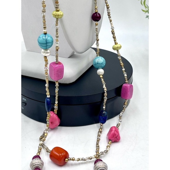 CHICO'S Multi Color and Shapes Beaded Double Strand Matte Gold Tone Necklace - Picture 4 of 16